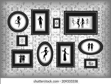 Illustration of frames collection on grunge background with female silhouettes and abstract floral ornament 