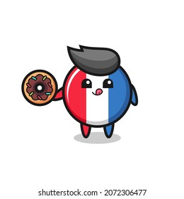 illustration of an france flag badge character eating a doughnut , cute style design for t shirt, sticker, logo element