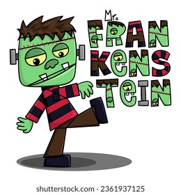  Illustration of Frankenstein's monster walking and some monstrous letters with his name, Halloween drawing, t-shirt design