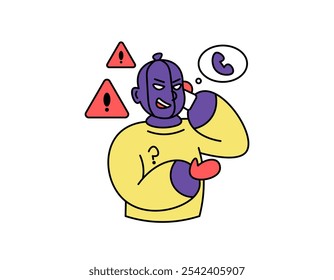 illustration of a fraudster trying to spam calls to potential victims. fraud mode via telephone. Be careful of calls from unknown or fraudulent numbers. outline style character design. elements