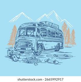 Illustration in free and simple lines of a camping and adventure travel landscape.