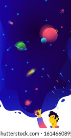 Illustration of free space, planets and satellites. Vector. The guy sleeps and dreams. Flat gradient. A metaphor about dreams and goals. A man creates other worlds, including his beautiful world.