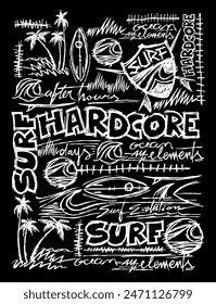 Illustration with free and uncluttered lines of elements related to surf culture. Art in scribbled lines.