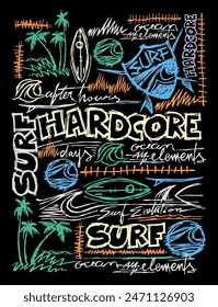 Illustration with free and uncluttered lines of elements related to surf culture. Art in scribbled lines.