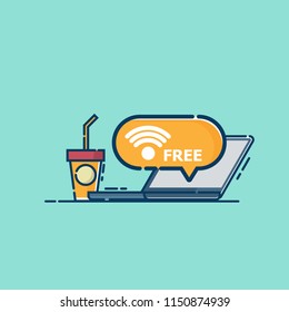 illustration of free wifi with laptop and coffee cup vector flat design
