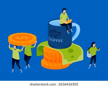 Illustration of the freelance or coffee economy featuring people earning money from freelance work, perfect for gig economy platforms, freelancer blogs, and financial independence campaigns.