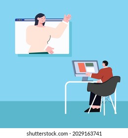 An illustration of a freelance worker is online with friends with internet computers