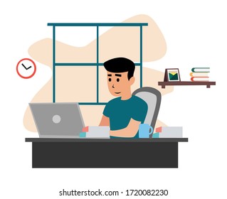 Illustration of a freelance worker working in front of a laptop. Workplace home office. Work at home