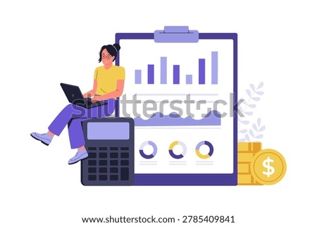 Illustration of Freelancer Auditing Financial Data Bookkeeping. A woman sitting on a giant calculator while reviewing financial spreadsheets and charts for business bookkeeping compliance