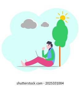 Illustration of a freelancer working and looking for inspiration outdoors
