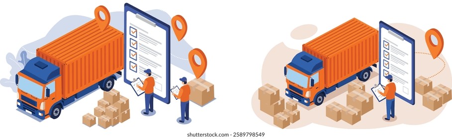 Illustration of a freight truck with boxes, a checklist on a digital device, and location markers, representing logistics, supply chain management, cargo tracking, and modern shipping solutions