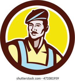 Illustration of a french artisan craft worker wearing beret viewed from front set inside circle on isolated background done in retro style. 