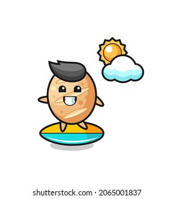 Illustration of french bread cartoon do surfing on the beach , cute design