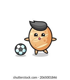 Illustration of french bread cartoon is playing soccer , cute design