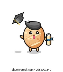 Illustration of french bread cartoon throwing the hat at graduation , cute design