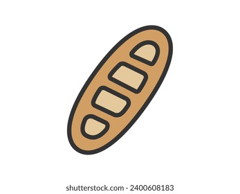 Illustration of French bread icon (line drawing color).