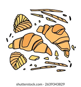 Illustration of french breakfast bread basket, croissants, breadsticks, puff pastry with apples