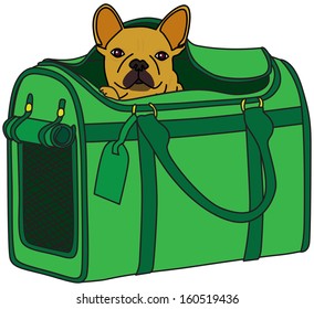 Illustration of a French bulldog in a dog carrier