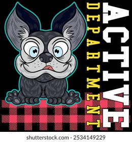 Illustration of a French bulldog with a funny and cute face, college and fraternity texts, patches and numbers that recall the college era, background patterns for all kinds of events.