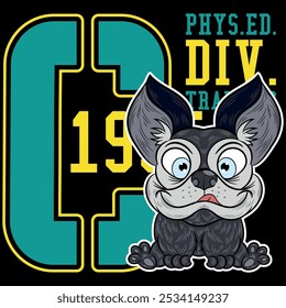 Illustration of a French bulldog with a funny and cute face, college and fraternity texts, patches and numbers that recall the college era, background patterns for all kinds of events.