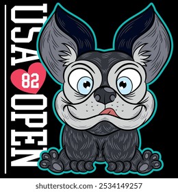 Illustration of a French bulldog with a funny and cute face, college and fraternity texts, patches and numbers that recall the college era, background patterns for all kinds of events.