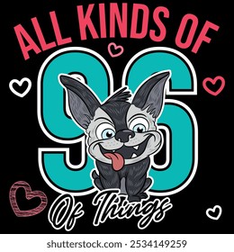 Ilustração de um buldogue francês com um rosto engraçado e bonito, textos de faculdade e fraternidade, patches e números que lembram a era da faculdade, padrões de fundo para todos os tipos de eventos.