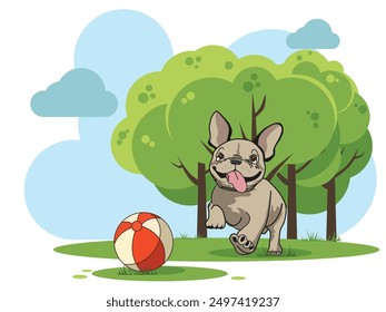 Illustration of a French Bulldog on a walk with a ball