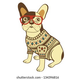 Illustration of french bulldog in sweater and glasses