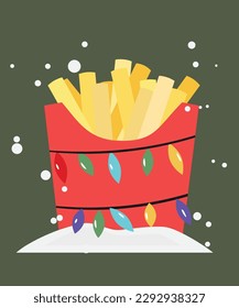 Illustration French Fries with Christmas Lights and Snow