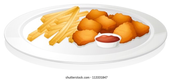 illustration of a french fries, cutlet and sauce on a white background