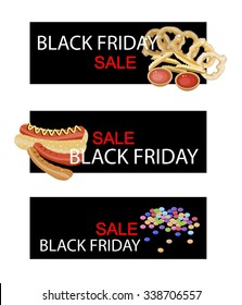 Illustration of French Fries, Onion Ring, Hot Dog and Chocolate Candies on Black Friday Shopping Banner for Start Christmas Shopping Season.