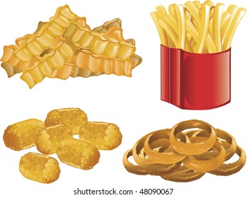 Illustration of french fries, onion rings, and tater tots.