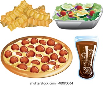 Illustration of french fries, pepperoni pizza, cola and a side salad.