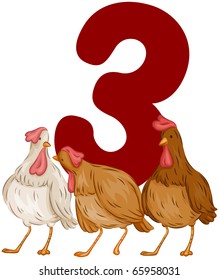 Illustration of French Hens Standing in Front of a Number 3