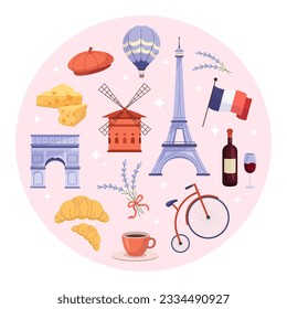 Ilustración con monumentos franceses, alimentos y plantas.