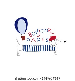 Illustration in French style, a dachshund dog in a red beret and a striped sweater, blue balloon and color inscription