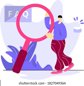 Illustration Frequently Asked Questions, the concept of a man carrying a magnifying glass, can be used for landing pages, web, ui, banners, templates, backgrounds, flayer, posters - Vector