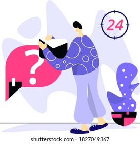 Illustration Frequently Asked Questions, the concept of a man carrying an envelope to ask questions, can be used for landing pages, web, ui, banners, templates, backgrounds, flayer, posters - Vector