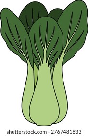 Illustration of a fresh bok choy vegetable, featuring vibrant green leaves and a light green base, perfect for culinary or agricultural themes.