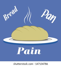 illustration of fresh bread, text in three languages??, blue background.