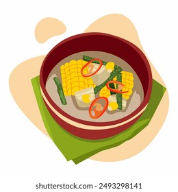illustration of fresh corn soup in red bowl isolated vector. indonesian popular tamarind soup or sayur asem. Flat vector element for poster, cafe or restaurant menu, wallpaper, background