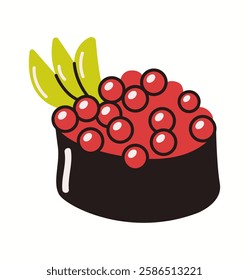 Illustration of a fresh and delicious ikura sushi roll topped with vibrant red fish roe, depicted in a clean and colorful doodle-style vector.