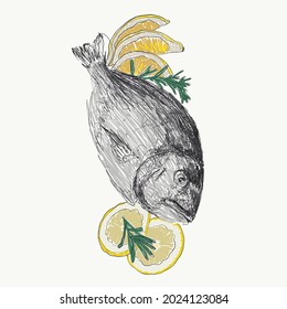 an illustration of fresh edible fish and lemons, drawn with the scribble technique