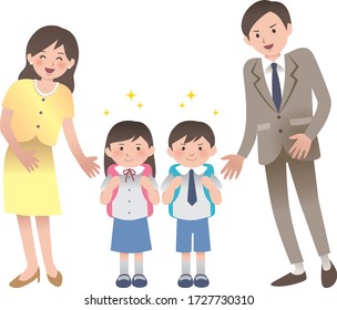 Illustration of fresh elementary school students with their parents.