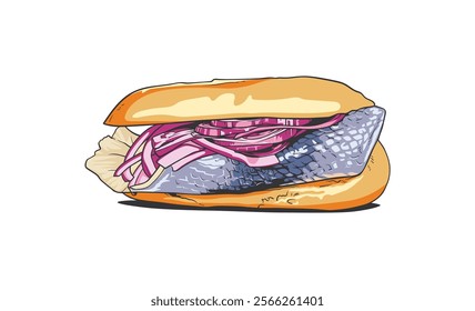 Illustration of a Fresh Fish Sandwich with Red Onions and Lettuce.