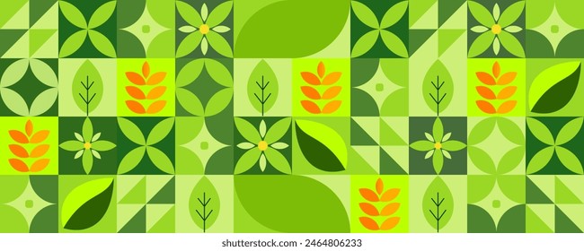 Illustration of a fresh and geometric green leaf seamless pattern with natural abstract shapes