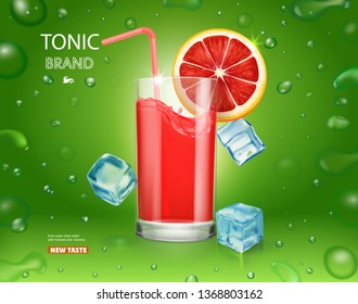 Illustration of fresh grapefruits with juice in drinking glass realistic illustration
