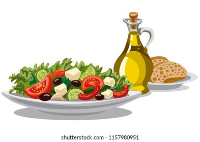 illustration of fresh greek salad with lettuce, tomatoes and olives