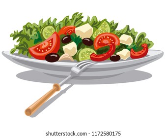 Illustration Of Fresh Greek Salad With Lettuce, Tomatoes And Olives