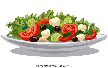 illustration of fresh greek salad with lettuce, tomatoes and olives